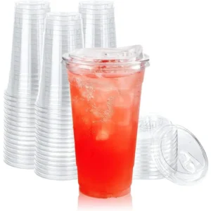 [60 PACK] 24 oz Clear Plastic Cups With Strawless Sip Through Lids, Disposable, for Ice Coffee, Smoothie, Slurpee, or Any Cold Drinks(Raincoats)