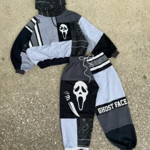 Ghost Face Patchwork Jogger Pants for Couples Eco-Friendly Vintage Streetwear All Seasons Comfortable & Eye-Catching Design One-of-a-Kind Spooky Style