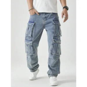 Men's Casual Washed Straight Leg Cargo Jeans