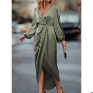 Twisted Hem Lantern Sleeve Front Wrap Satin Dress for Women