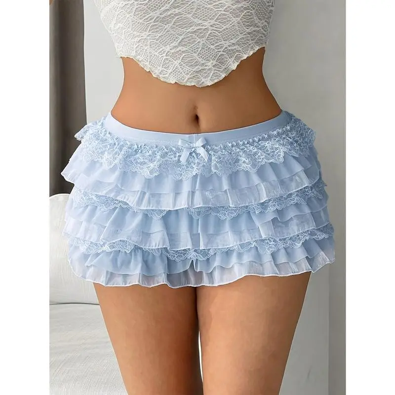 1pc Women'S Lace Trim Ruffle Skirt, Low Waist Knit Style Short Skirt with Lace Detailing, Solid Color, All Seasons Elegant Womenswear