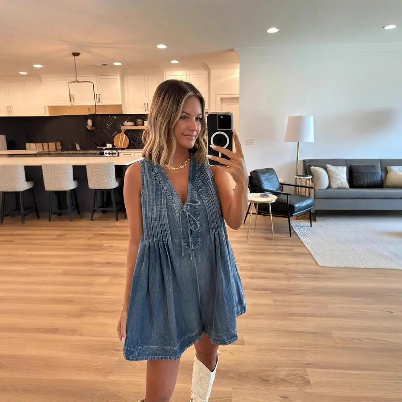 Women's Embroidered V-Neck Sleeveless Mini Denim Dress Casual A-Line Jean Babydoll Tank Dress 2025(Raincoats)