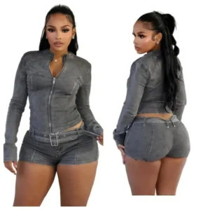 Women Set Spring Autumn Fashion Long Sleeved Stretch Denim Crop Jacket And Short Jeans Casual Two Piece Set Women Jacket Set Clothes Suits Womenswear Gamis Comfort