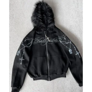 American Retro Rock Gothic Graphic Fur Collar Loose Zipper Sweatshirt Men's Y2K New Harajuku Punk Casual Joker Hoodie Streetwear