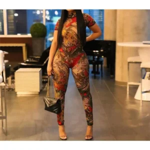 Fashion printing perspective mesh jumpsuit Bodysuit Womenswear