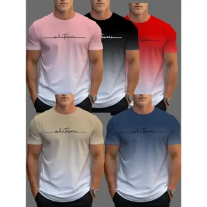 5-Pack Men's Gradient 3D Digital Printing T-Shirts - Quick-Dry, Sports Crew Neck T-Shirts, Vibrant Colors, Machine Washable, Polyester and Spandex Blend, Suitable for Casual and Sports Wear(Raincoats)