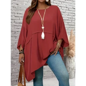 Plus Size Women's Solid Color Loose Fit Round Long Sleeve Casual Top Comfortable Batwing Sleeve Shirt georgina ring undefined Bogg Bag Bling Decorative Charm Set wonbin star necklace undefined