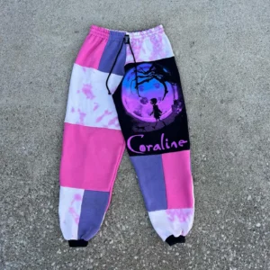 Vintage horror character jogger pants in gothic patchwork style, eco-friendly Halloween streetwear..