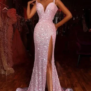 Summer Women's Dress with Slit, Sleeveless Sequin Strap Floor-Length Gown