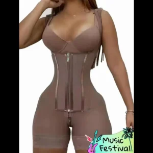 Women's Solid Contrast Lace Zipper Hook & Eye Closure Shapewear Bodysuit, Tummy Control Butt Lifting Shaper, Girdle Highwaist, Shorts Bodysuit, High Stretch Shapewear for Daily Wear, Body Shapewear Womenswear Compression Mocha Brown Basic Minimalist