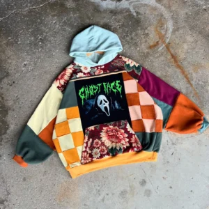 Spooky patchwork hoodie for couples with gothic vintage details, eco-friendly streetwear perfect for horror character Halloween looks..