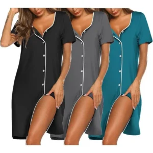 Nightgowns for Women 3 Pack Shirts Button Down Pajama Dress Short Sleeve Nightshirt Sleepwear Nightdress Loungewear Soft Womenswear night gown women Homewear Casual Pjs Shortsleeve Bra Fabric Loose Fashion