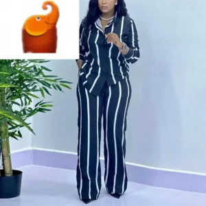 Fashion Women Two Piece Set Stripe Printed Autumn Casual Button Long Sleeved Shirt Wide Leg Pants Two Piece Set Women Clothes Suits  pan