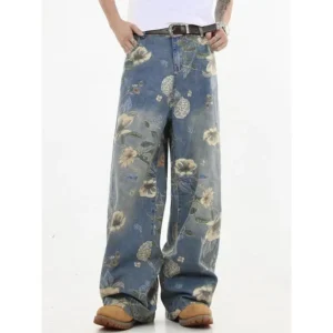 Men's Floral Print Straight Leg Denim-effect Print Pants, Loose Street Fashion Casual Pocket Denim-effect Print Pants for Daily Wear, Menswear, Men's Bottoms for All Seasons, Relaxed Pants for Men, Streetwear