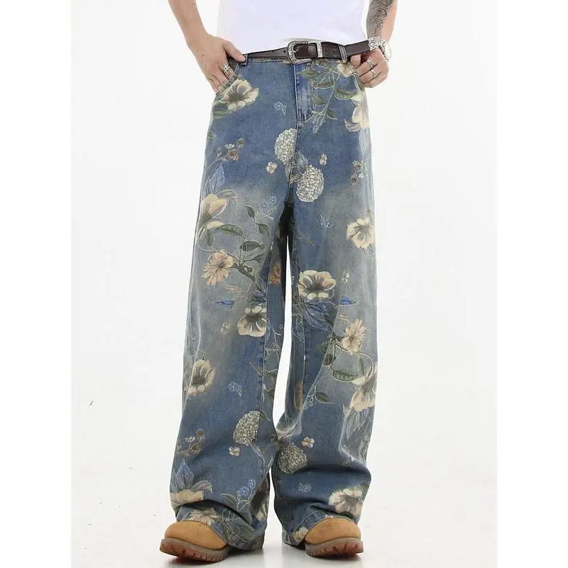 Men's Floral Print Straight Leg Denim-effect Print Pants, Loose Street Fashion Casual Pocket Denim-effect Print Pants for Daily Wear, Menswear, Men's Bottoms for All Seasons, Relaxed Pants for Men, Streetwear