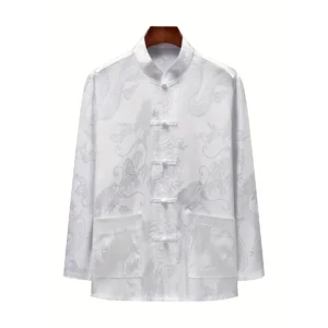 Men'S Lightweight Breathable Dragon Pattern Tang Suit Jacket - Traditional Chinese Long Sleeve Shirt with Mandarin Collar