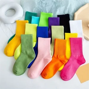 1 Pairs of Unisex Crew Socks - Assorted Solid Colors (Orange, Blue, Green, Yellow, Pink, White, Gray, Brown, Purple, Light Blue), Ribbed Texture for Comfort & Support, Perfect for Running, Hiking, Gym, and Casual Attire