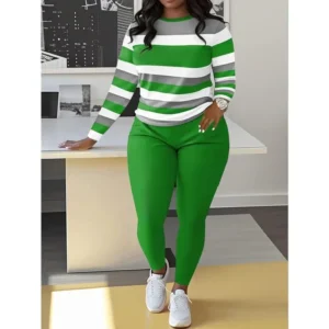 Two-piece Slim Matching Set: Long Sleeve Crew Neck Striped Color Block T-shirt & Solid Elastic Waist Pants Outfits for Women