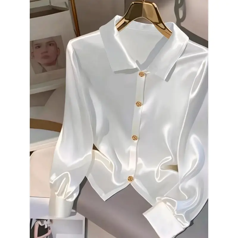 Women's Elegant Solid Color White Satin Blouse with Golden Button Details - Long Sleeve, Womenswear Spot Shirts Tops