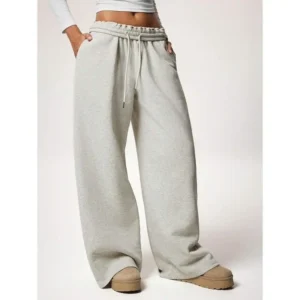 Winter New Thermal Lined Thick Casual Versatile High Waist Elastic Waist Loose Wide Leg Sweatpants Bottoms Womenswear