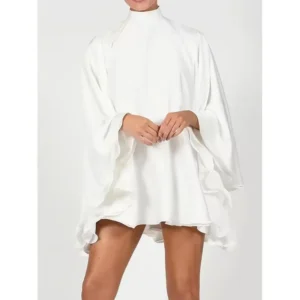 Elegant high-neck, ruffled sleepless dress-White, flowy, long-sleeve, polyester, perfect for spring/fall, adult fashion, casual attire | ruffled hawline | polyester dress