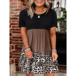 Plus size leopard print fitted colorblock dress-crew neck, short sleeve, slight stretch, polyester, random printing, casual summer dress for women