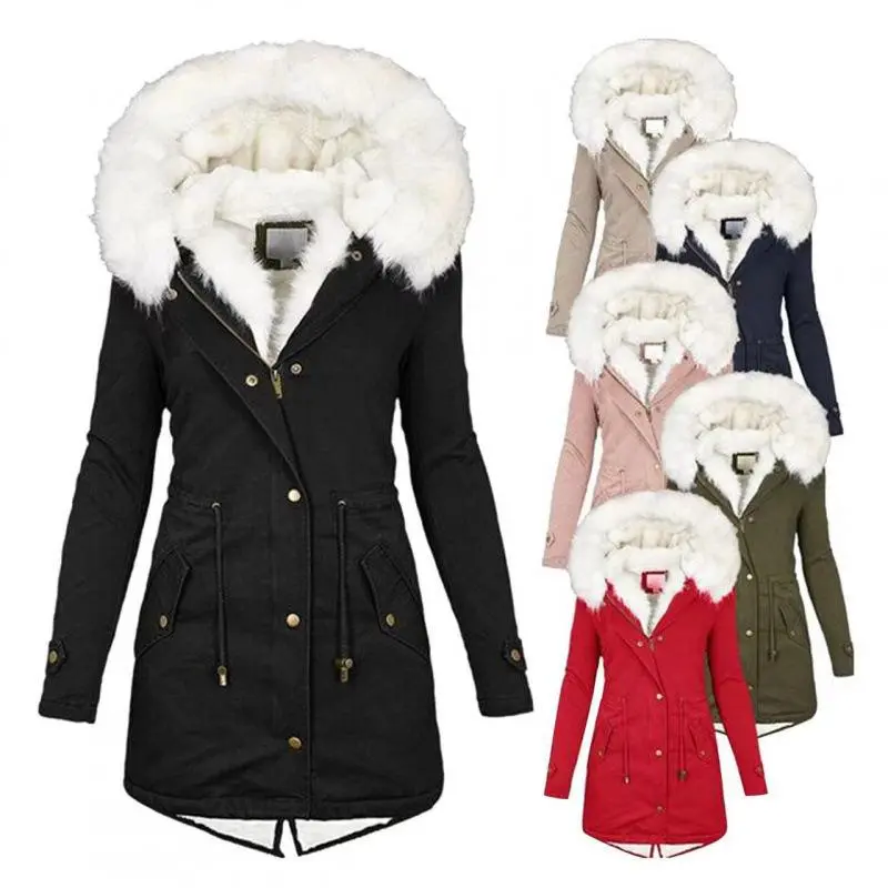 2024 Autumn Winter Women's Cotton Coat with Hooded Fur Collar, Waist-Cinching Slimming Warm Mid-Length Casual Coat(Raincoats)
