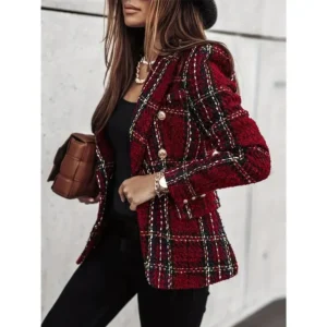 Elegant Plaid Women's Blazer - Double-Breasted Button Front Office Jacket, Polyester-Spandex Blend, Machine Washable Glossy Finish, Fall Winter Outerwear, H-Silhouette Regular Fit Long Sleeve Suits Womenswear Fitted