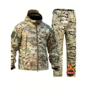 Men's Camo Sharkskin Jacket & Fleece-Lined Pants Set - Windproof, Warm Hooded Outfit for Hiking, Hunting & Outdoor Adventures(Raincoats)