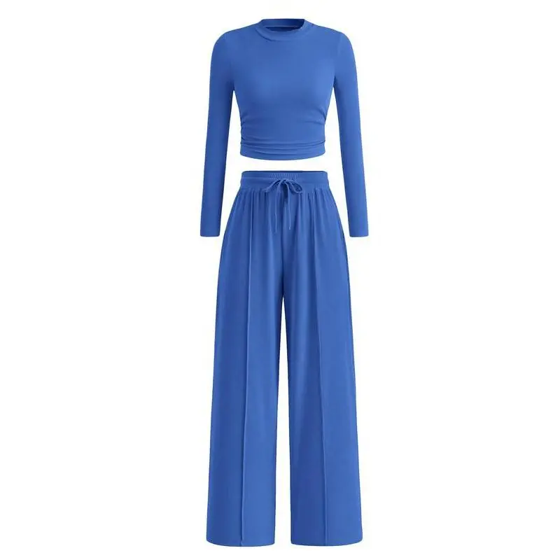 2-Piece Ribbed Knit Long Sleeve Crop Top Wide Leg Pants Matching Lounge Set Loungewear