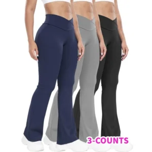 Stretchy 3-Pack High-Waisted Yoga Pants for Women - Nylon 75% Elastane 25% Flare Leg Sports Tights - All-Season Knit Fabric Workout Fitness Leggings with Tummy Control and Butt Lifting Design