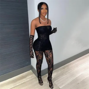 Sexy 2 Piece Outfits for Women Clubwear Lace Tube Mini Dress Top with Stockings Set Birthday Outfits Formal Womenswear