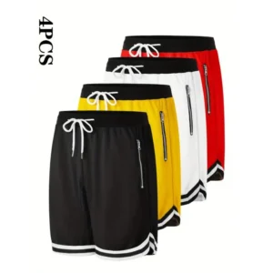 4pcs Men's Casual Athletic Shorts With Zipper Pockets - Breathable Polyester, Elastic Waistband, Multi-Color Basketball & Sports Wear, Machine Washable