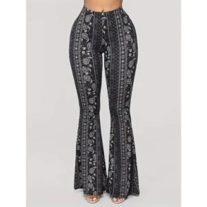 100% Polyester Women's High Waist Sexy Flare Pants - Paisley Print, All Season, Casual Bell Bottoms with Knitted Fabric Fit Womenswear Bohemian Crop