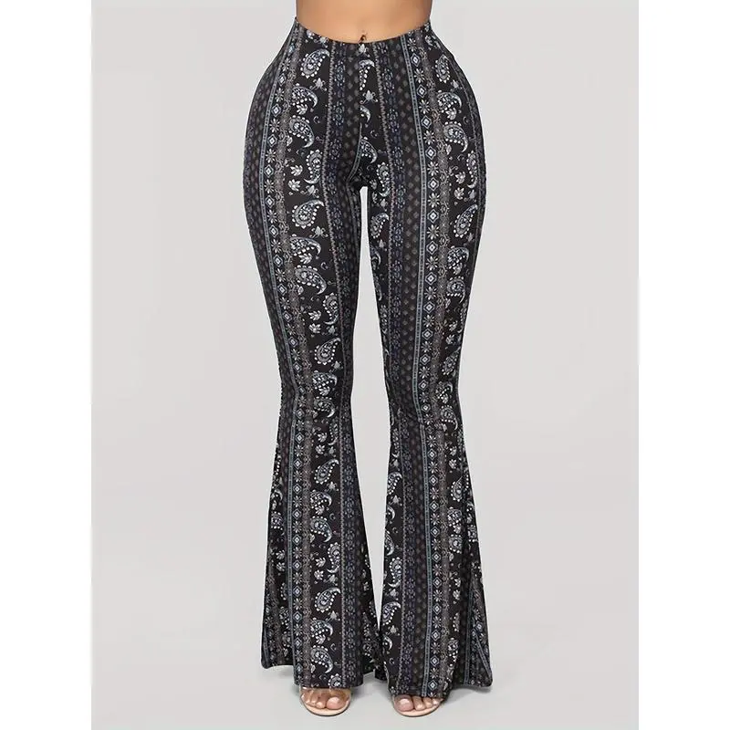 100% Polyester Women's High Waist Sexy Flare Pants - Paisley Print, All Season, Casual Bell Bottoms with Knitted Fabric Fit Womenswear Bohemian Crop