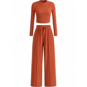 Autumn New Long Sleeve Crop Top & Wide Leg Pants Set Solid Color Casual Two-Piece Clothes Suits for Women Minimalist Basic Camel Fashion Womenswear Embroidered Skirt