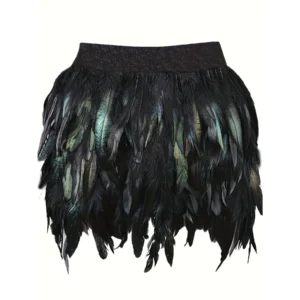 Womens Faux Feather A Line Mini Skirt Lady Middle Waist Party Sexy Skirts Halloween Christmas Peacock Costume rosary
