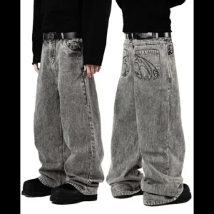 High Street Retro Street Harajuku Hip Hop Embroidered Washed Loose Straight Leg Jeans for Men and Women