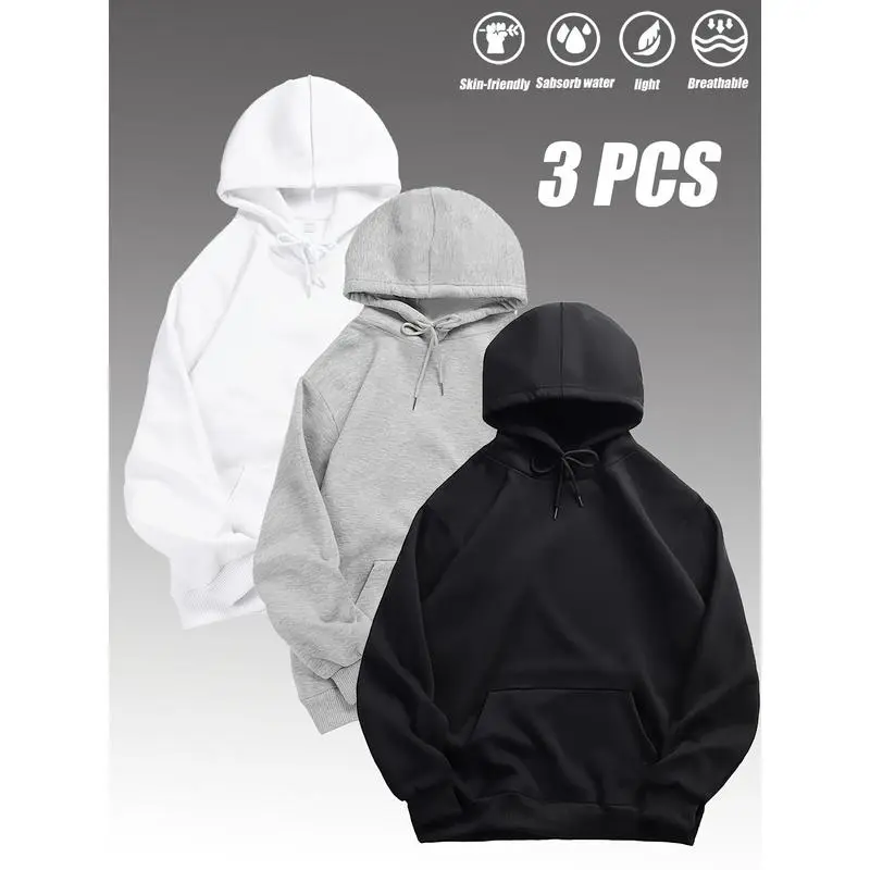 3-pack MEN'S casual hooded sweatshirts, long sleeve pullovers with drawstring, polyester knit fabric, slight stretch, solid color, loose fit for hiking, running, daily wear-winter outdoor sports hoodies(Raincoats)
