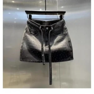 Vintage Diamond Denim Mini Skirt for Women Summer High Waist Shiny Rivet Slim Skirt