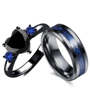 Black Heart Cubic Zirconia & Blue Accents Couple Rings - Durable Alloy & Stainless Steel - Perfect for Anniversaries & Engagements