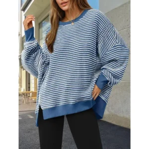 Women's Fall Oversized Sweatshirt Casual Waffle Long Sleeve Crewneck Split Pullover Tunic Tops Womenswear Hoodie