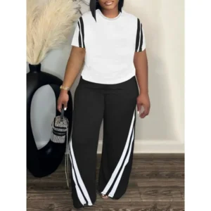 Plus Size Two-piece Striped Print Outfits - Crew Neck Short Sleeve Top & Pants Set - Women's Clothing Fabric Womenswear