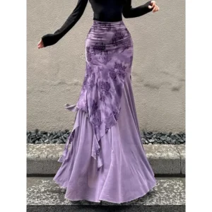 Women's Butterfly & Floral Print Ruched Tiered Layer Mermaid Skirt, Elegant Asymmetrical High Waist Maxi Skirt For Party Evening Formal Occasions, Ladies Bottoms For All Seasons